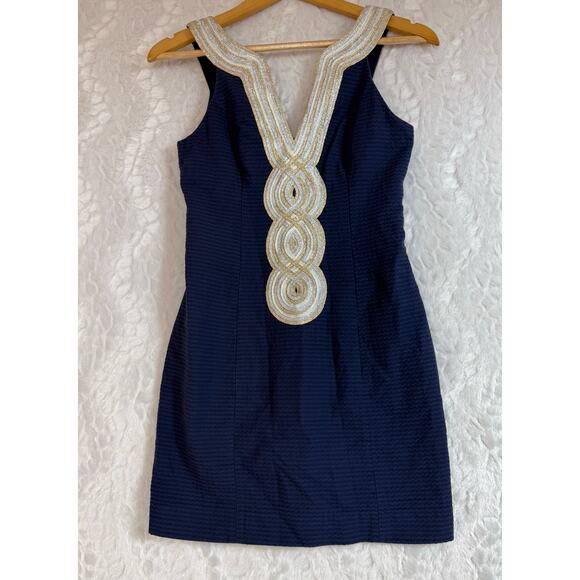 Lilly Pulitzer Valli Shift Dress Navy Blue Silver Gold Iridescent Metallic 00 - Picture 2 of 12